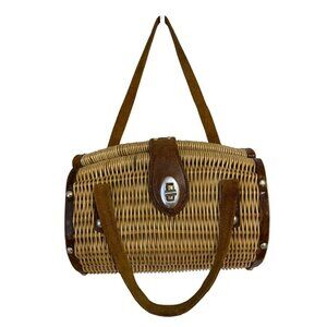 RARE ORIGINAL WICKER VINTAGE 1950's LINED RATTAN PURSE LEATHER STRAP MEDIUM